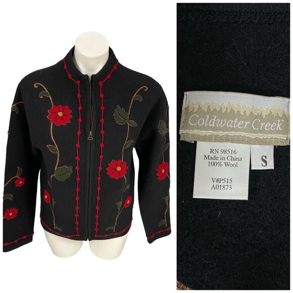 Coldwater Creek Sweater Womens Small Wool Cardigan Floral Red Black Old Money - Picture 2 of 16